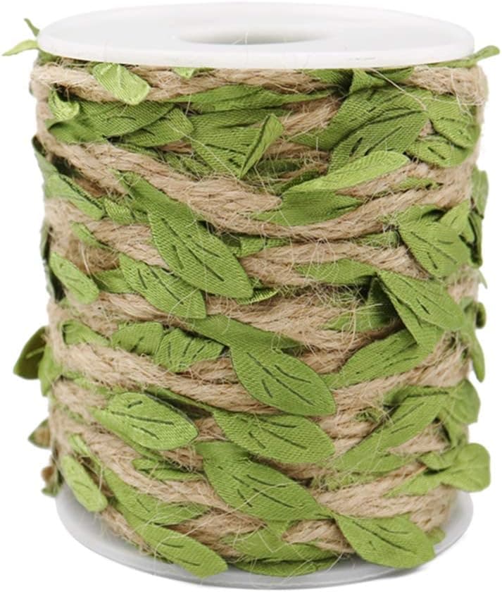 KINGLAKE 66 Feet Natural Jute Twine with 5mm Green Leaves for Wedding and Home Decoration,Burlap Leaf Ribbon