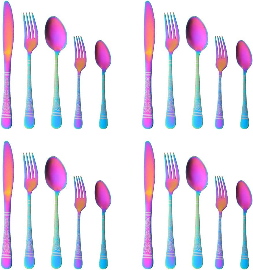 20 Piece Rainbow Silverware Utensils Set,Multicolor Flatware Set, Stainless Steel With Titanium Colorful Plated, Silverware,Mirror Polished Kitchen Utensil Set, Dishwasher Safe