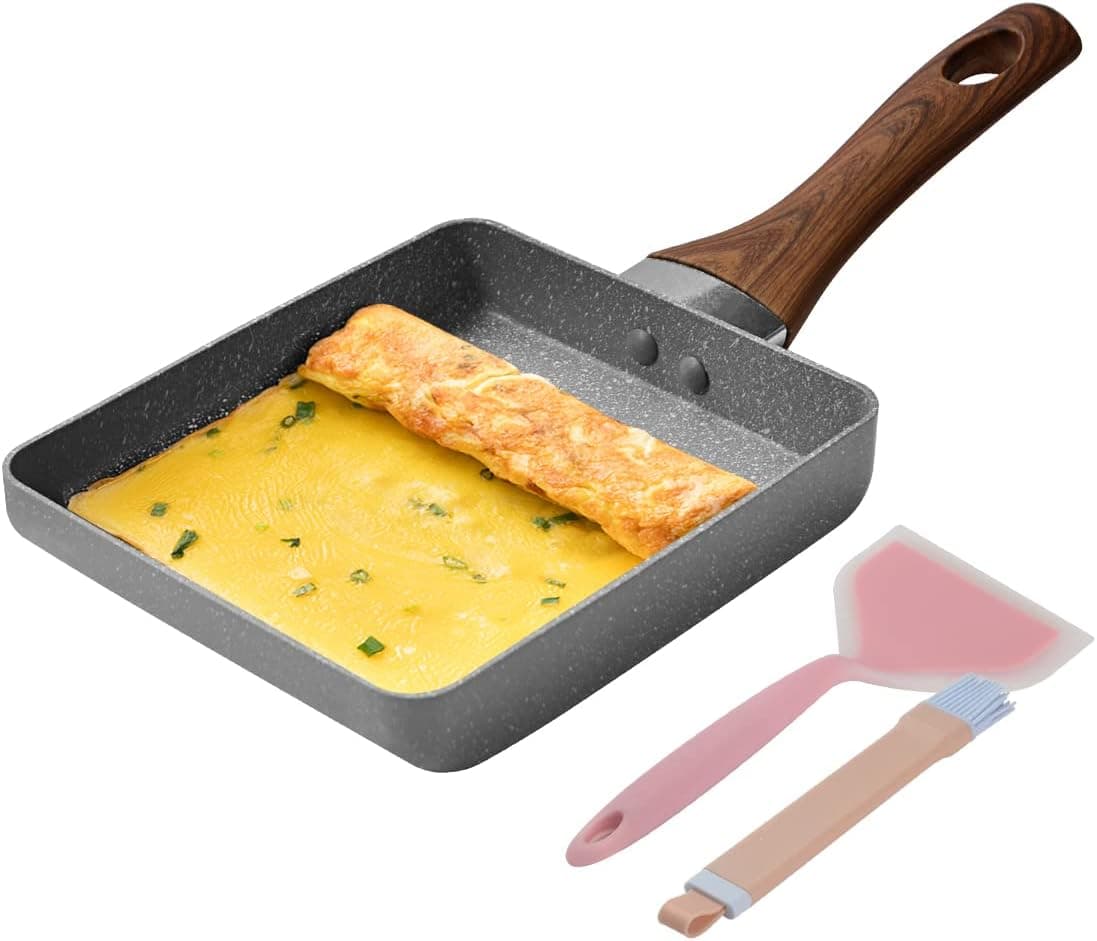 Funland Tamagoyaki Pan Nonstcik Japanese Omelette Pan Egg Pan, 7’’x 6’’ Small Square Frying Pan with Silicone Spatula & Brush(Grey), Gray