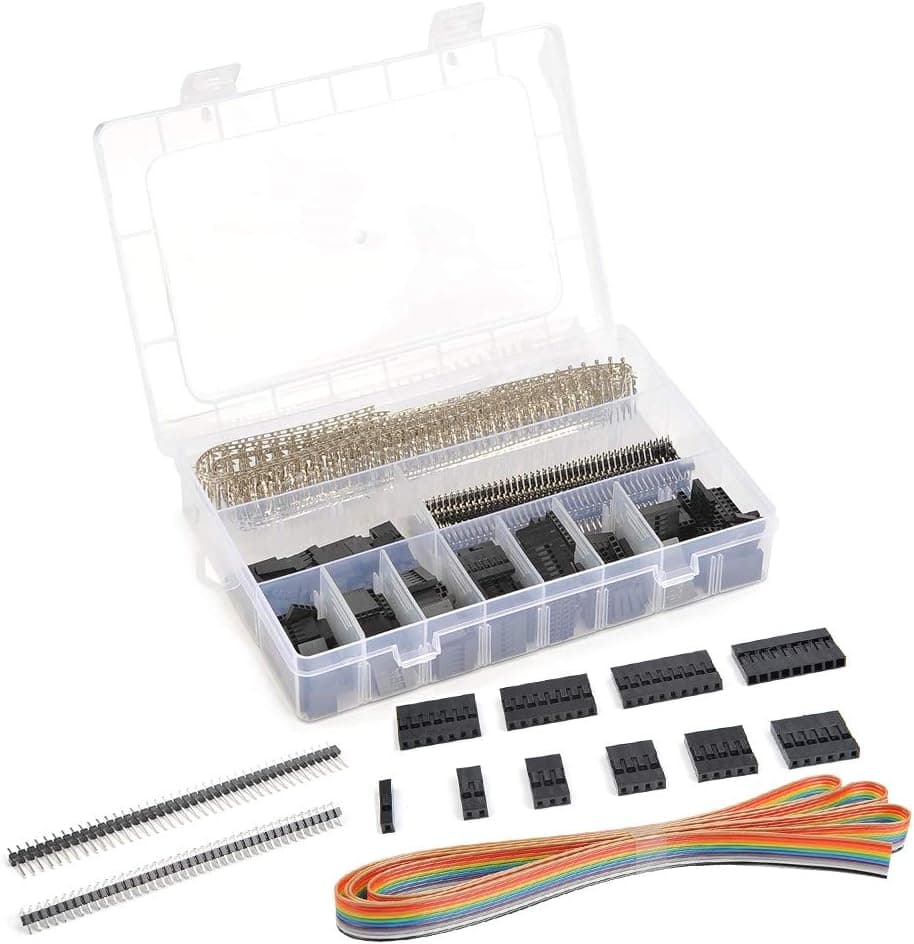 TIMESETL 645pcs 40 Pin 2.54mm Pitch Single Row Pin Headers, 1/2/3/4/5/6/7/8/9/10 Pin Female Housing, Dupont Male/Female Pin Connector Kit, 5-Feet 10-Wire Rainbow Color Flat Ribbon IDC Cable
