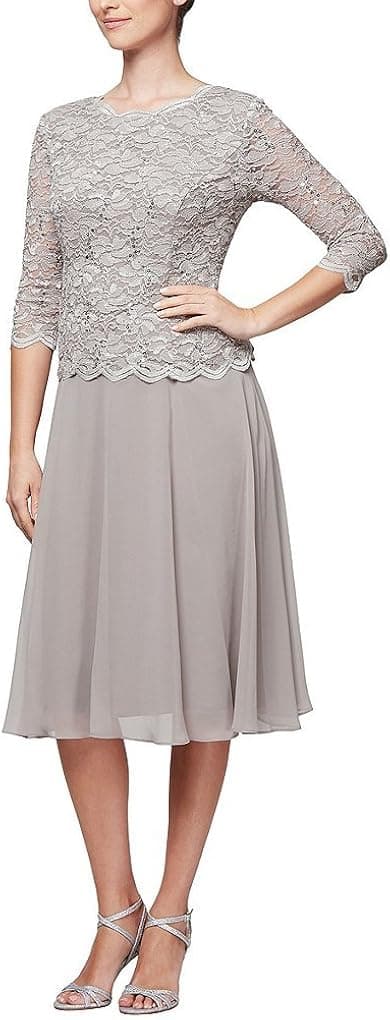 Alex Evenings Women's Tea Length Sequin Mock Dress (Petite and Regular)