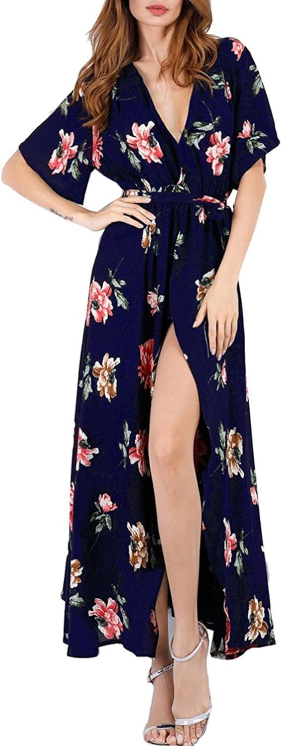 GUXXON Women's Floral Print Long Maxi Dresses Boho Split Beach Party Dresses with Belt