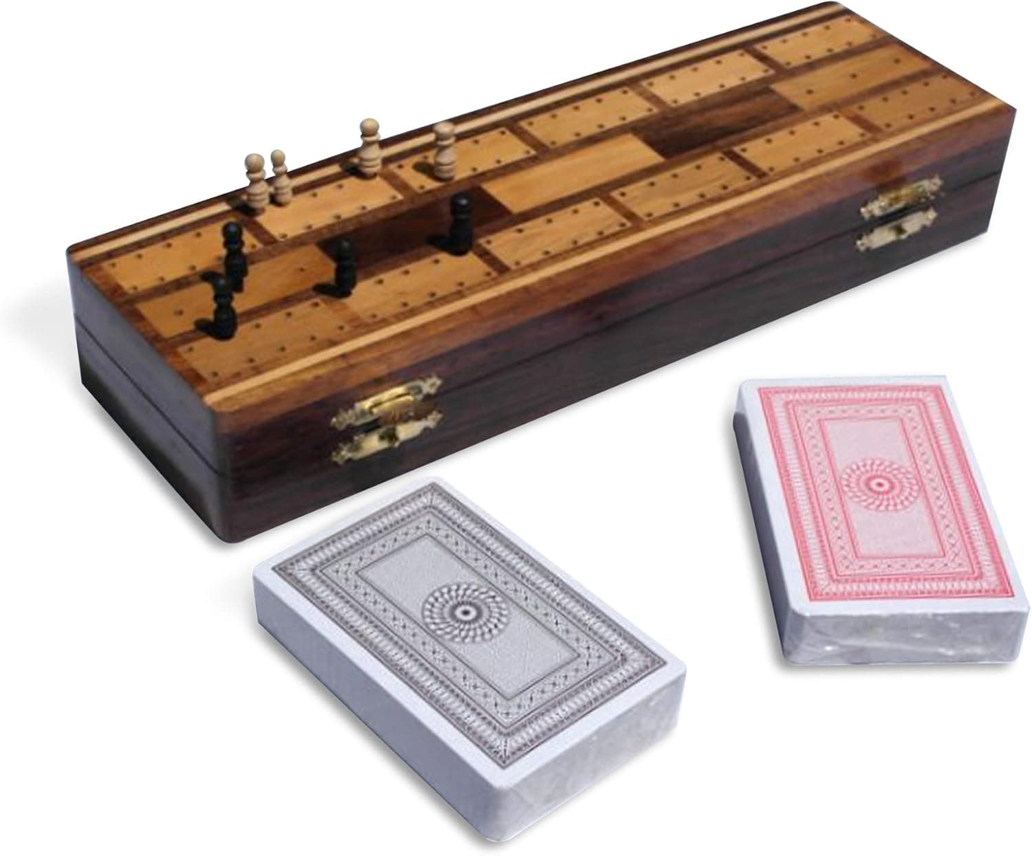 Thorness Wooden Cribbage Board with pegs and Two Packs of Playing Cards