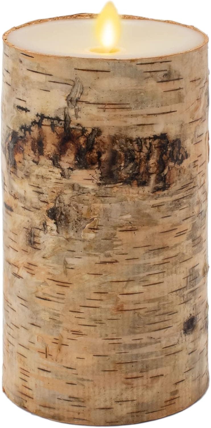 Luminara Realistic Artificial Flame Pillar Candle Wrapped with Real Birch Bark - Moving Flame LED Battery Operated Lights - Unscented - Remote Ready - Remote Sold Separately - 4.0" x 7.0"