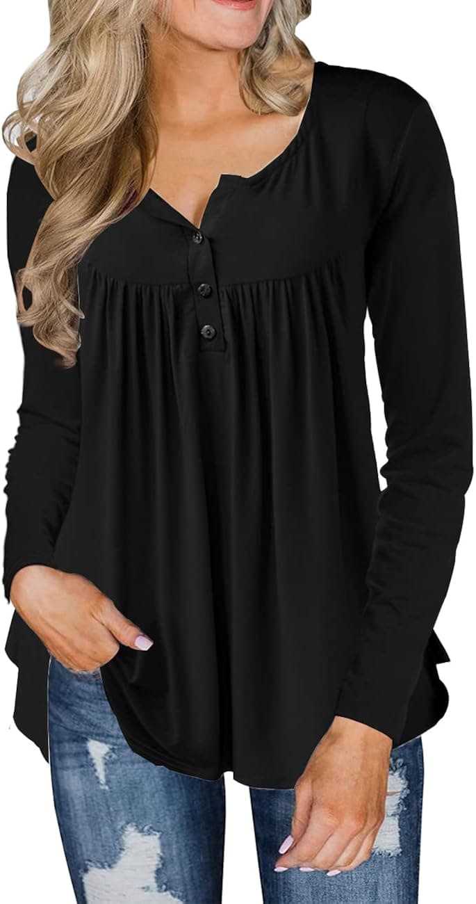 FOLUNSI Women's Plus Size Tunic Tops Casual Floral Blouses Long Sleeve V Neck Henley Shirts M-4XL