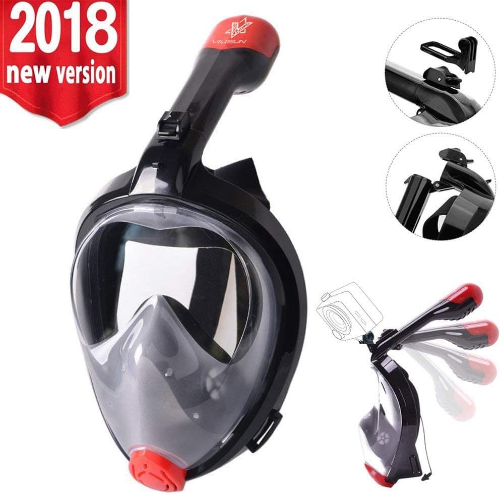 VILISUN Snorkel Mask, 2018 New Vision Full Face Snorkeling Mask with Camera Mount, 180° View Diving Mask with Adjustable Head Straps, Breathe Freely, Dry Top Set, Anti-Fog Design for Adults & Youth