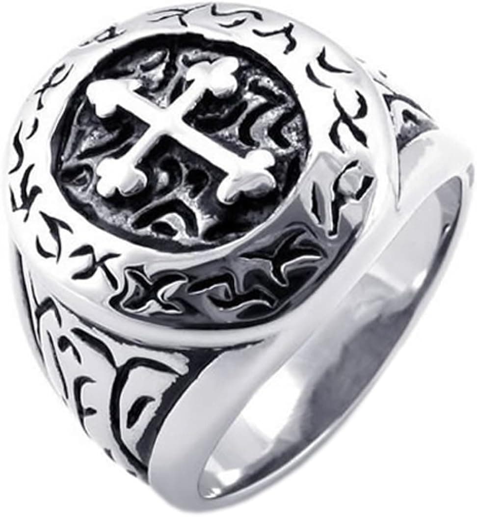KONOV Classic Vintage Cross Mens Ring, Stainless Steel Band