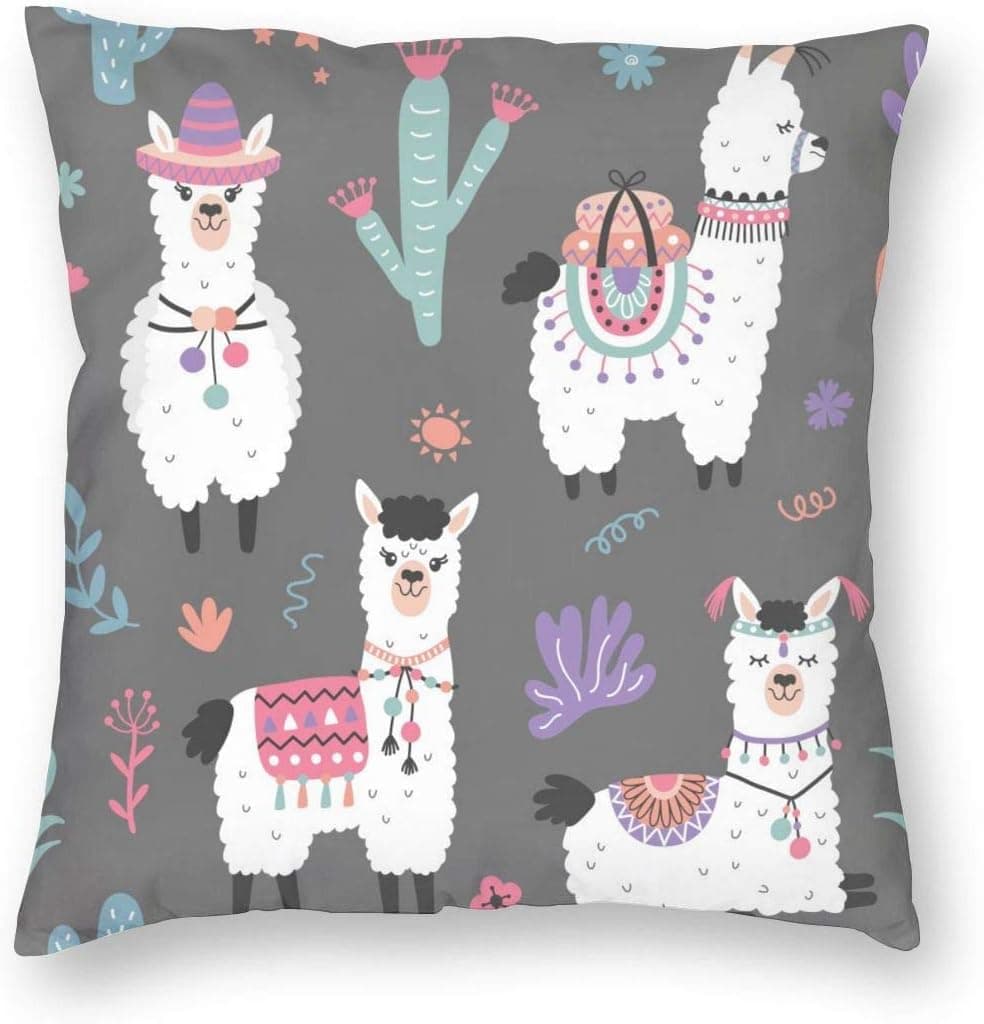 Cute Alpaca Throw Pillow Cover Cactus Square Soft Home Decoration Sofa Gray Cushion Cover