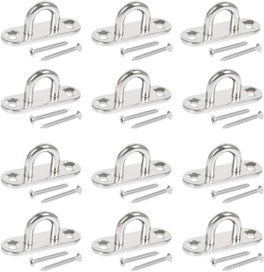 BUYGOO 12Pcs Stainless Steel 1.8 inch Pad Eye Plate U Hooks, Heavy Duty Oblong Pad Eye Plate, Ceiling Hook Ring Hooks Marine Hardware Staple Hook Loop with Screws