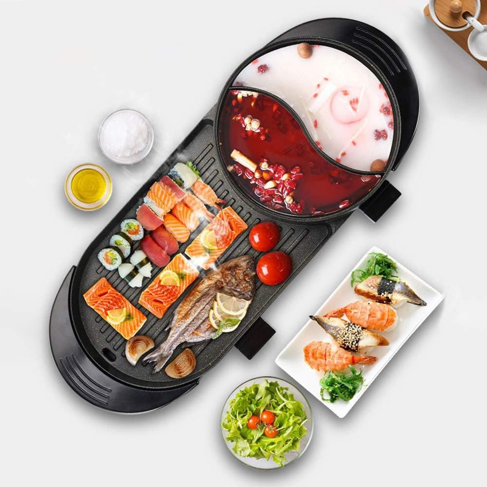2000W Electric Grill Indoor, 2 in 1 Hot Pot with Grill for Indoor And Ourdoor Korean BBQ Smokeless Grill With Shabu, 110V Shabu Hot Pot Made Of Medical Stone Non-Stick Pan For 2-12 People