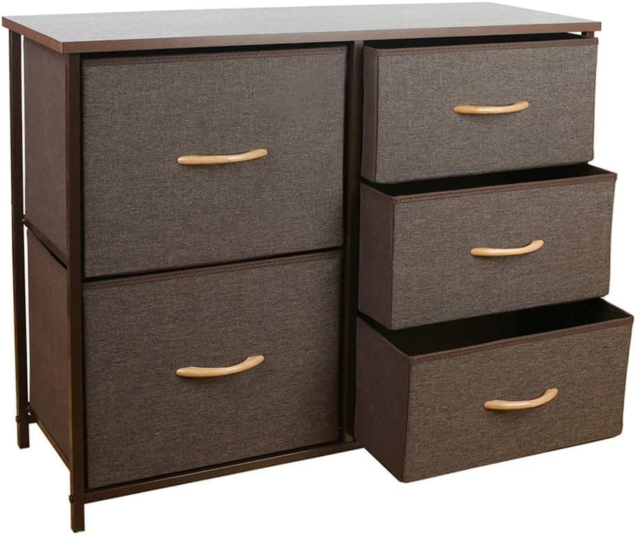 Dresser with 5 Drawers, Fabric Storage Tower, Organizer Unit for Bedroom, Hallway, Entryway, Closets, Sturdy Steel Frame, Wood Top, Easy Pull Handle