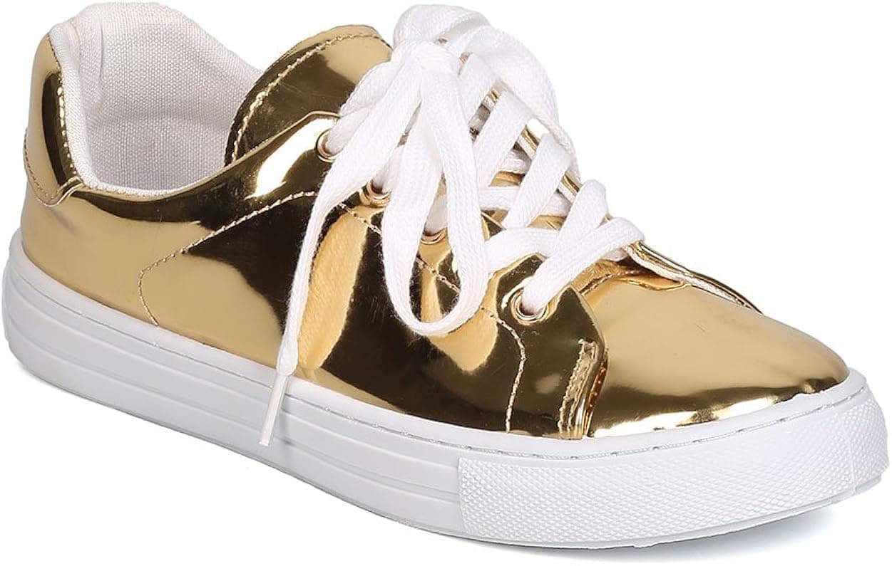 Qupid Women Metallic Leatherette Lace Up Sneaker GJ70 - Gold