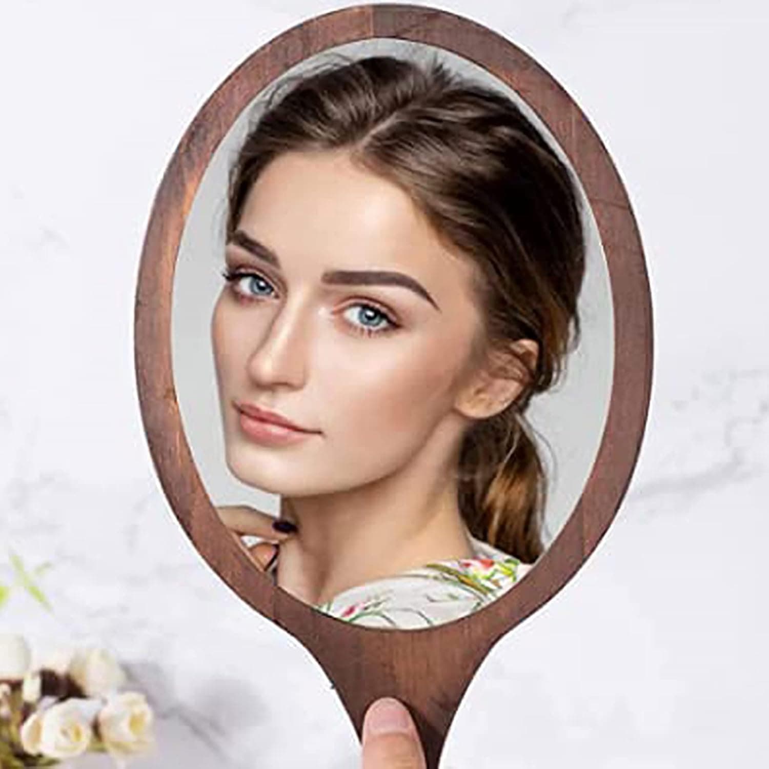HDF Vintage Hand Mirror Wooden - Hand Held Mirrors with Handle Vintage Handheld Mirrors for Women Vanity Beauty Travel Table Shaving Bathroom Tabletop, Living Room, Bedroom,Antique Oval Black 8 Inch