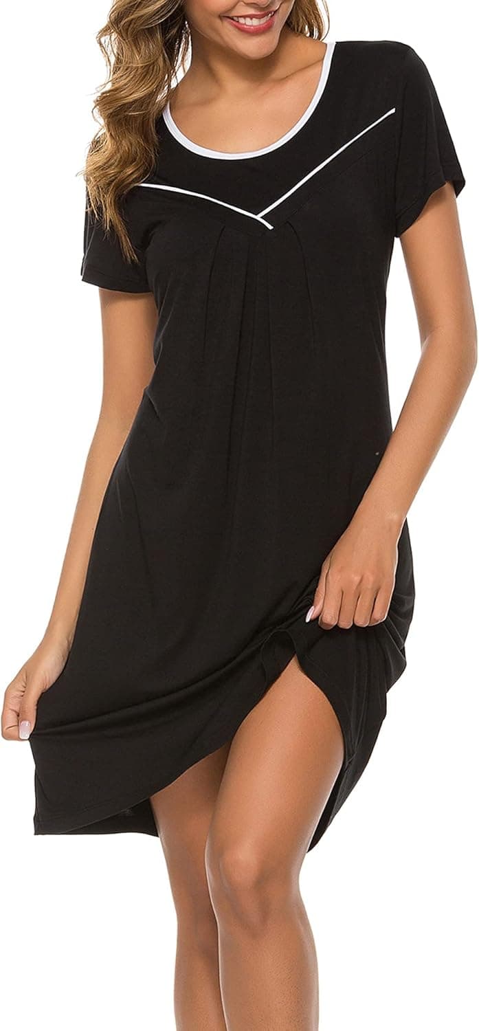 COLORFULLEAF Women's Nightgown Short Sleeve Nightshirt Sleep Shirt Comfy Sleepwear Pleated Scoopneck Sleepshirt S-XXL