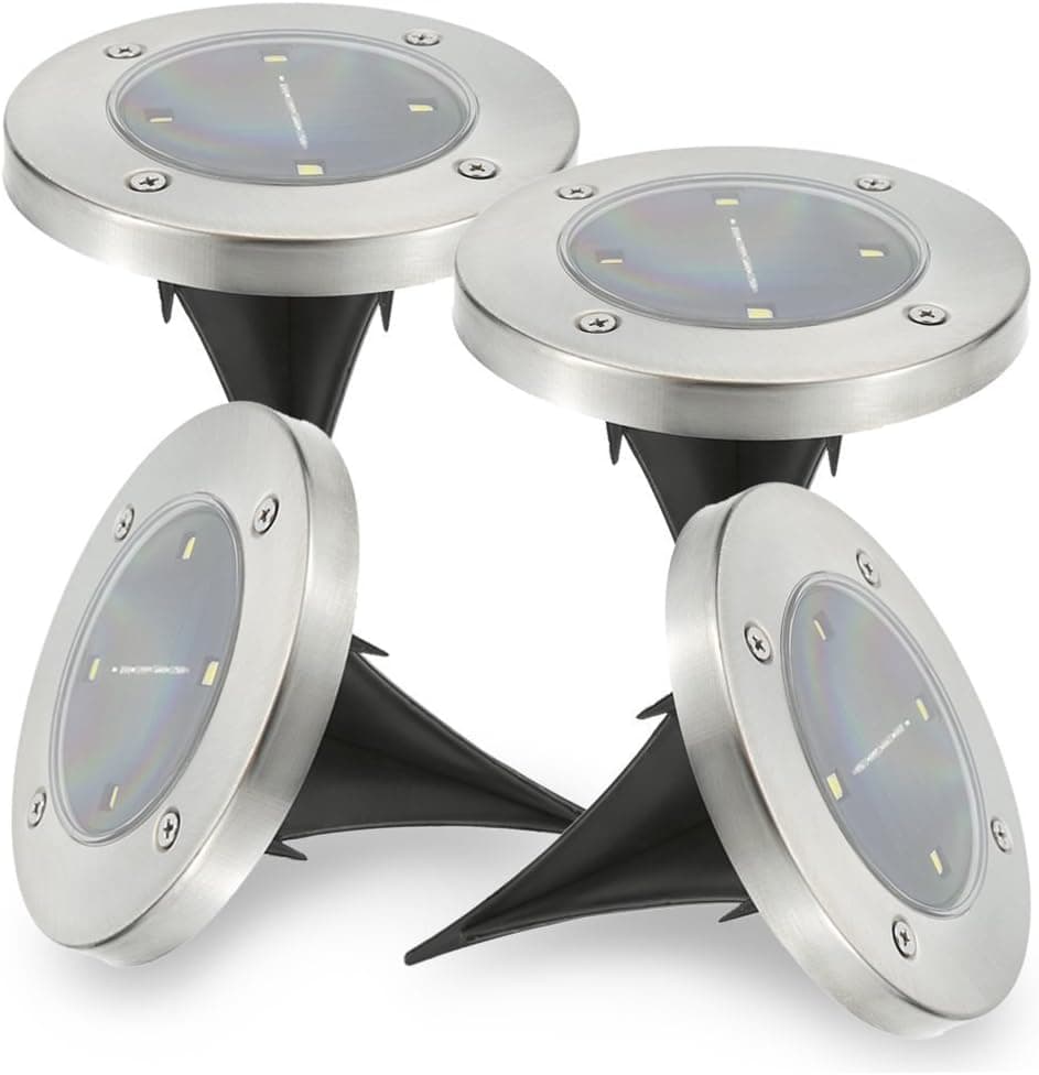 Tomshine Solar Ground Lights Disk Lights Outdoor Waterproof 4 LED Solar Garden Lights for Lawn Yard Deck Patio (Warm White, 4 Pack)