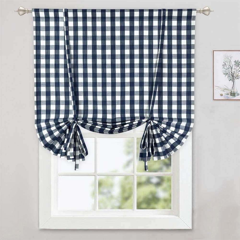 CAROMIO Tie Up Curtains for Windows, Buffalo Check Plaid Gingham Pattern Rod Pocket Adjustable Tie Up Shades for Kitchen Windows Cafe Curtains, 42x63 Inches, Navy Blue