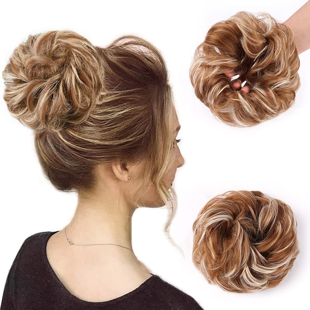 Gx Beauty Messy Hair Bun Hair Scrunchies Extension Curly Wavy Messy Syntheti Scrunchies Hairpiece Suitable for Women Daily Use (Mixed Dark Brown Gold#)