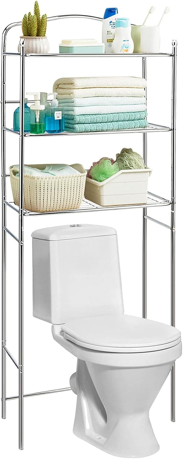 Squareful 3-Tier Bathroom Space Saver, Over-The-Toilet Storage Shelf, Freestanding Bathroom Organizer Sturdy Metal Frame, Anti-Rust for Bathroom, Home Kitchen, Silver