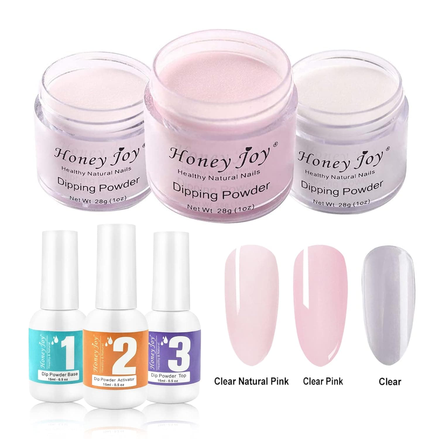 6 in 1 Dip Nail Kit Starter,Base Colors Clear Pink Natural Pink Clear,Dipping Powder 1 oz/Box x 3,Base Top Coat Activator 15ml/Bottle x 3, Acrylic Dipping System for French Nail Manicure, CP-NP-Clear