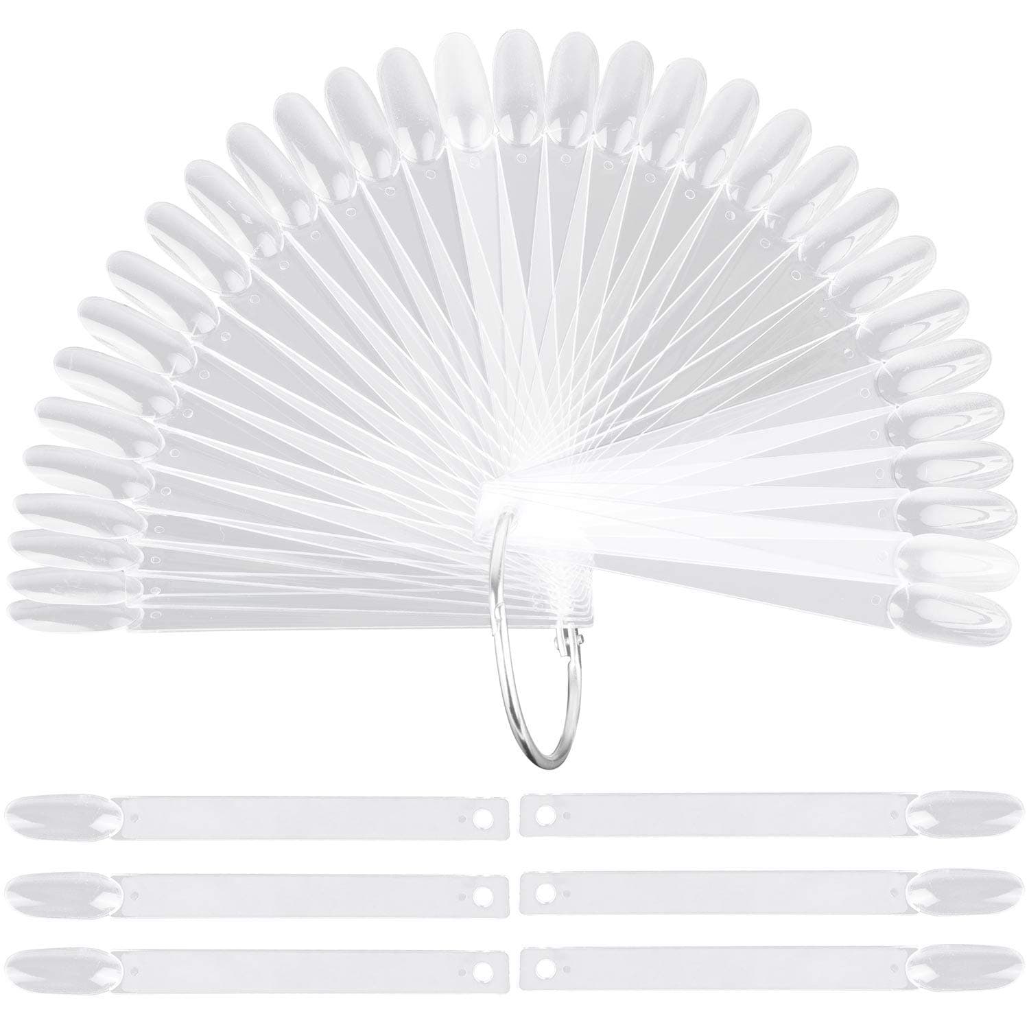 150 Pcs Transparent Nail Sample Sticks, Fan-shaped PVC False Nail Art Tips Display Practice Sticks Tool with Metal Split Ring Holder