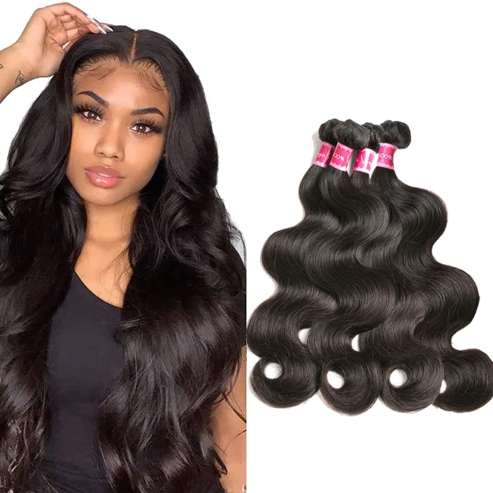 Beauty Queen Body Wave Bundles (16 18 20 22 Inch) Human Hair 100% Unprocessed Weave 4 Bundles Human Hair 10A Brazilian Virgin Hair Bundles Natural Black Color Hair Extensions For Women