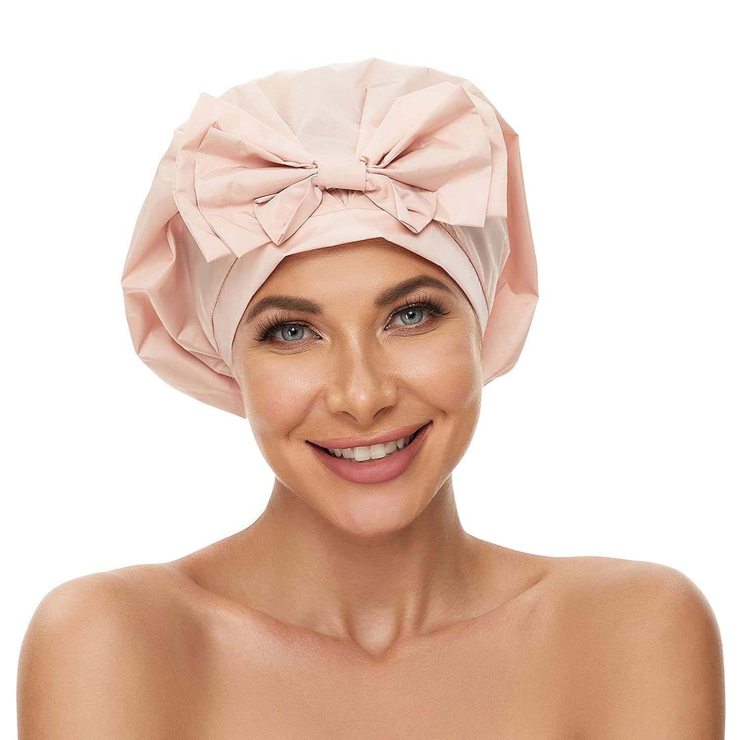 Aibilye Womens Shower Cap for Long Hair Extra Large Washable Reusable Waterproof Bathing Hair Cap Adjustable Elastic Band for All Hair Lengths Solid Color, Light Pink