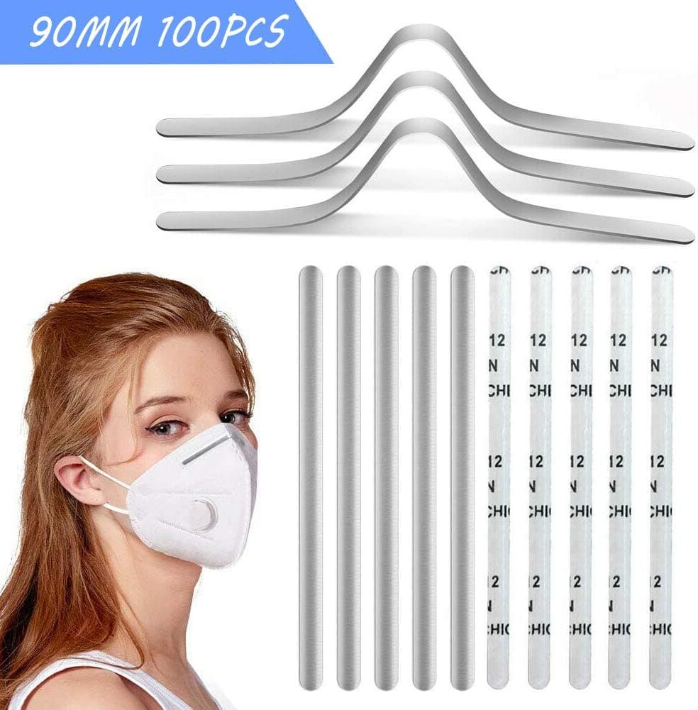 100 Pcs Nose Bridge Strip with Adhesive, 90mm Nose Wire Sewable Washable Reusable, Flat Aluminum Bendable Metal Nose Strip, Adjustable Nose Bar Nose Clip for Sewing DIY