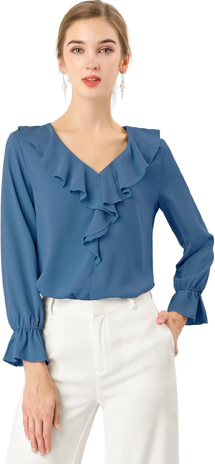 Allegra K Women's Peasant Top Office Work Chiffon Ruffle Neck Vintage Blouse