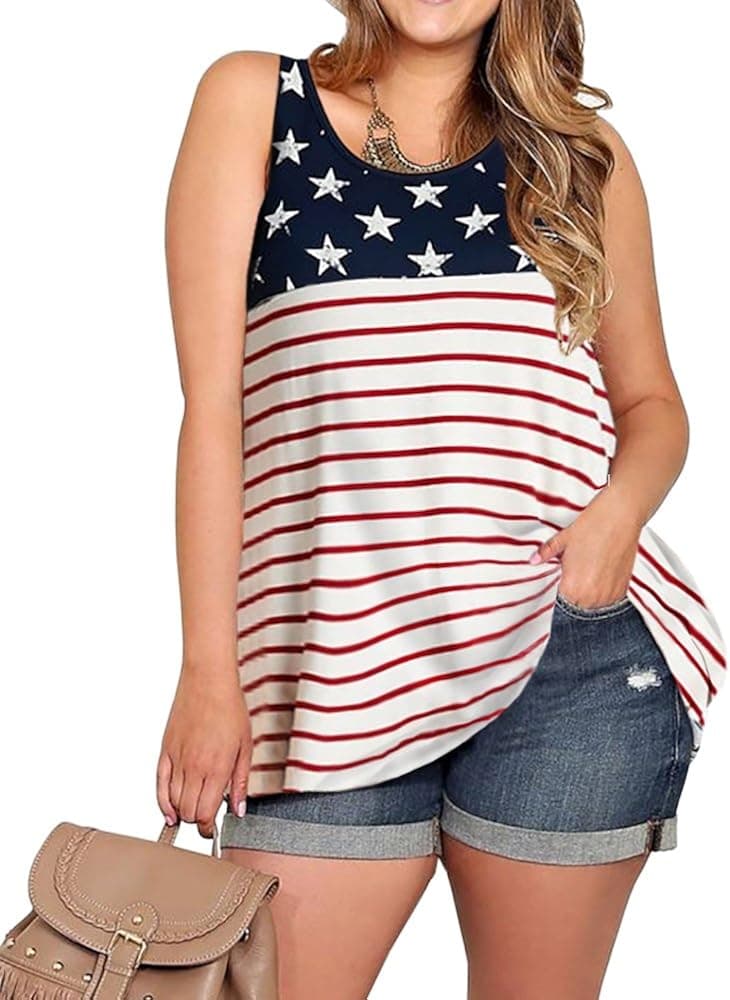 YONYWA 4th of July Women American Flag Plus Size Tank Top Summer Sleeveless Stars and Stripes Patriotic Tunic T-Shirt