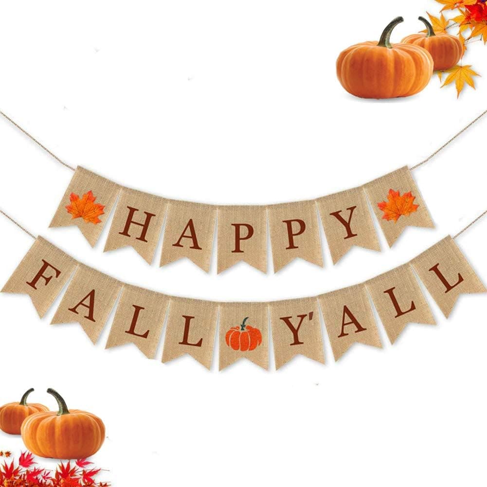 Happy Fall Yall Banner for Fireplace Thanksgiving Decor Fall Sign Mantel Autumn Banner Rustic Burlap Banner Maple Leaf Pumpkin Harvest Banner Fall Decorations for Home Wall Outdoor Hanging Indoor Outdoor Office