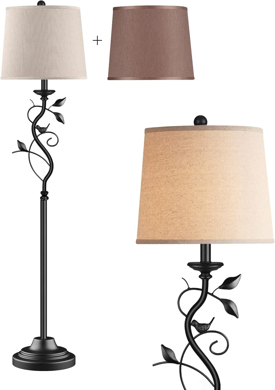 WIHTU 3-Way Dimmable LED Floor Lamps for Living Room, Little Bird Standing Lamp, Tall Lamp with Brown and Linen Shade, Vintage Modern Bedroom Lamp for Reading, Office, Study