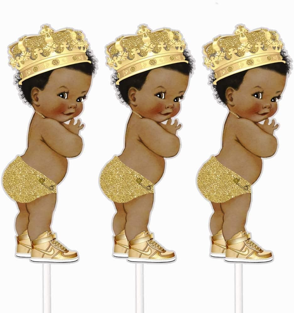 Gold Little Prince Table Decoration Centerpieces, Set of 3 African American Prince Royal Birthday Cake Centerpieces