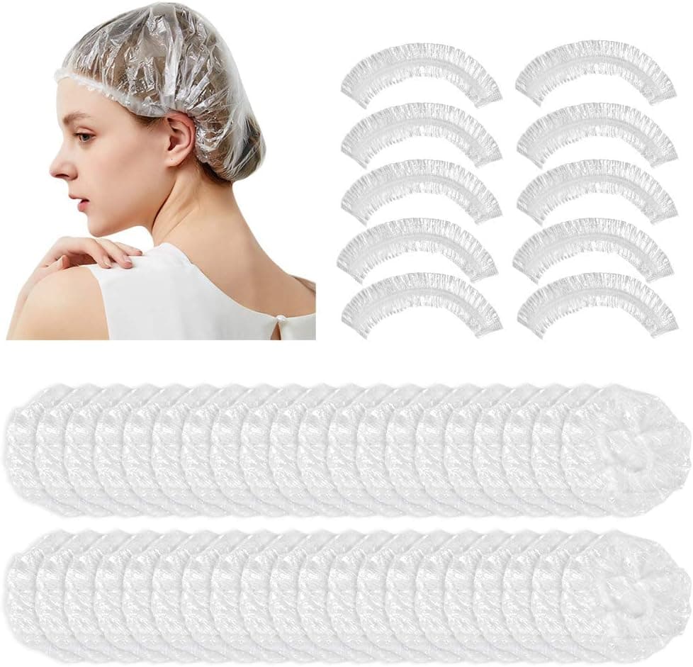 WAESPIO 100 Pcs Disposable Hair Caps, FOCCTS Plastic Waterproof Clear Shower Caps Bath Shower Hair Caps for Women Spa, Hair Salon, Hair Processing