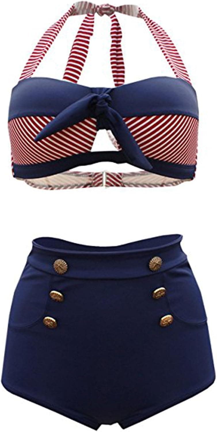 Futurino Women's Halter Bow Tie Front Retro Nautical Sailor High Waist Bikini Swimsui Set
