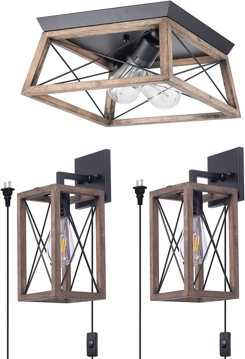 Item Rectangle Flush Mount Wood Ceiling Light Fixture and Item Wood Wall sconces Bundle