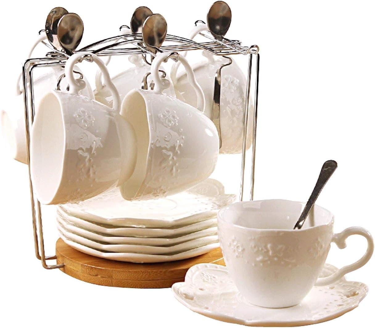 Jusalpha® White Porcelain 5OZ- Tea Cup and Saucer Coffee Cup Set with Saucer and Spoon, Set of 6 (6 Tea Cup Set With Bracket)