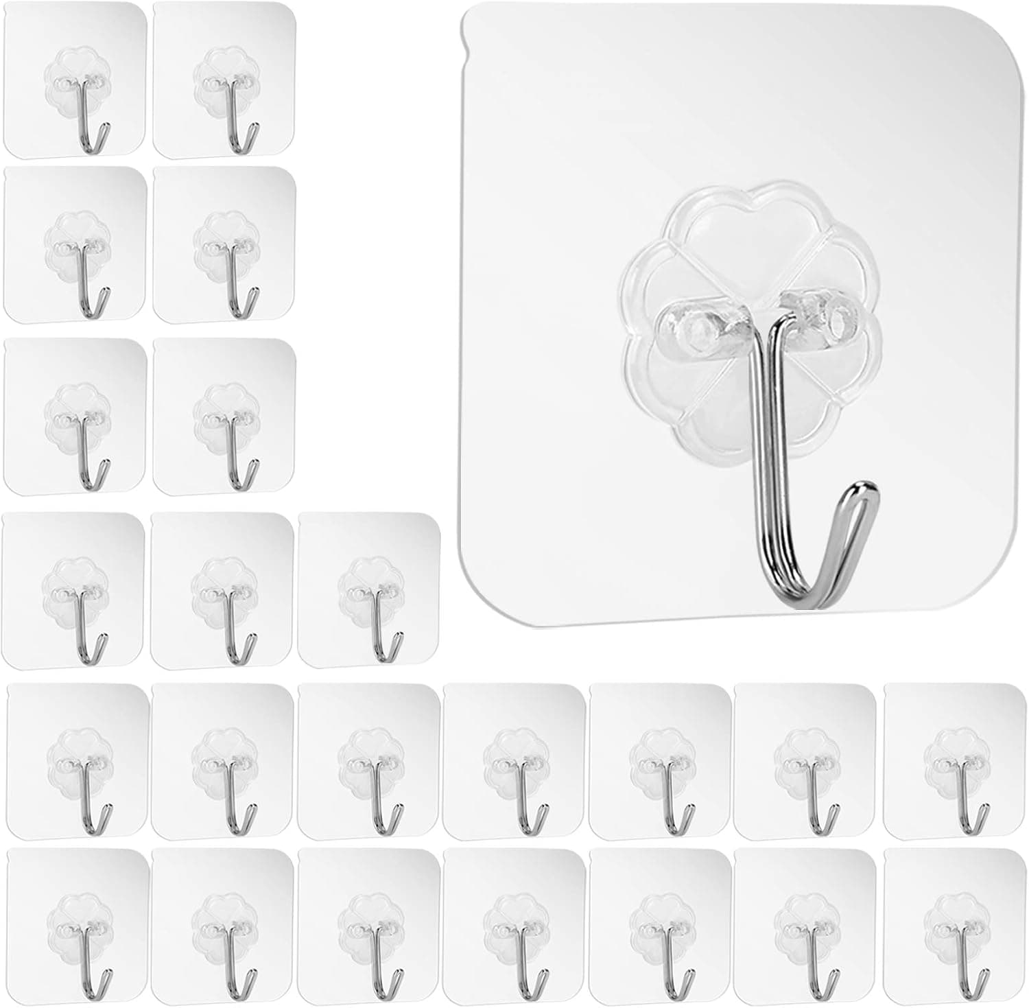 Alliebe Adhesive Heavy Duty Wall Hooks 13lb(Max) Transparent Reusable Seamless Nail Free Hooks Waterproof and Oilproof,Bathroom Kitchen Utility Towel Mug Cups Spatula Can Opener Scissors Hooks(24Pack)