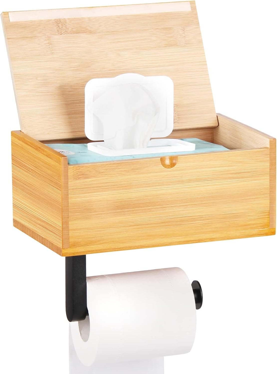 Helecors Toilet Paper Holder with Shelf and Storage, Bamboo Toilet Wall Mount Paper Holder with Wipe Holder, Large Capacity Bathroom Toilet Paper Holder with Flushable Wipes Dispenser