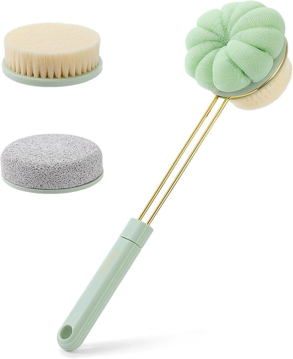 LFJ Back Scrubber for Shower,Double-Sided Body Bath Shower Brush with Bristles and Loofah, Shower Brush for Skin Exfoliation Shower,Wet Or Dry Brushing, Back Brush for Men and Women(Green)