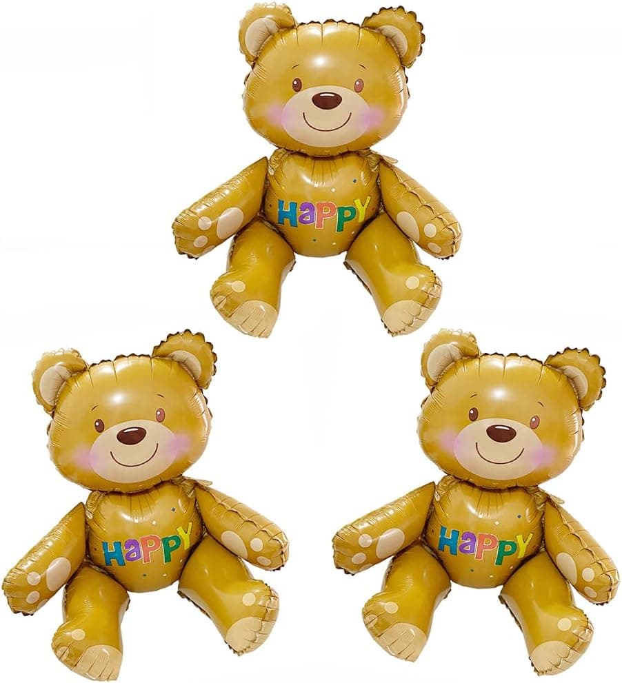 4D Teddy Bear Baby Shower Decorations For Boys Kids Girls, Birthday Party Supplies Happy Bear Mylar Foil Balloons, 3 Pack Self-Stand Woodland Jungle Safari Animal Brown Bear Themed Balloons