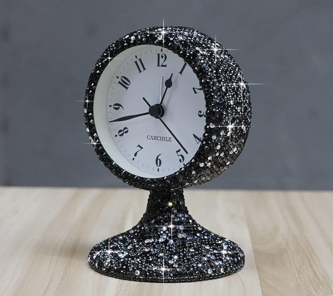 CARCHILE Luxury Rhinestone Alarm Clock Morning Call Super Silent Non Ticking Handmade Fashion Design for Bedroom Houseroom Living Room Desk Cute As Gift (Black)