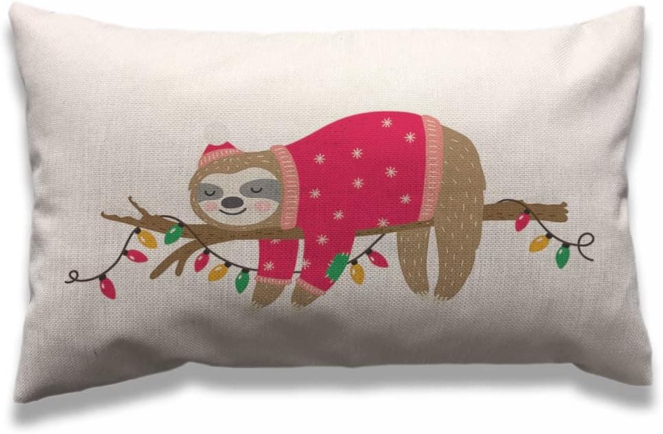 AOYEGO Sloth Throw Pillow Cover 12x20 Inch Christmas Sloth Red Sweater Tree Branch Colorful Rectangle Pillow Cases Home Decorative Cotton Linen Cushion Cover for Bed Sofa