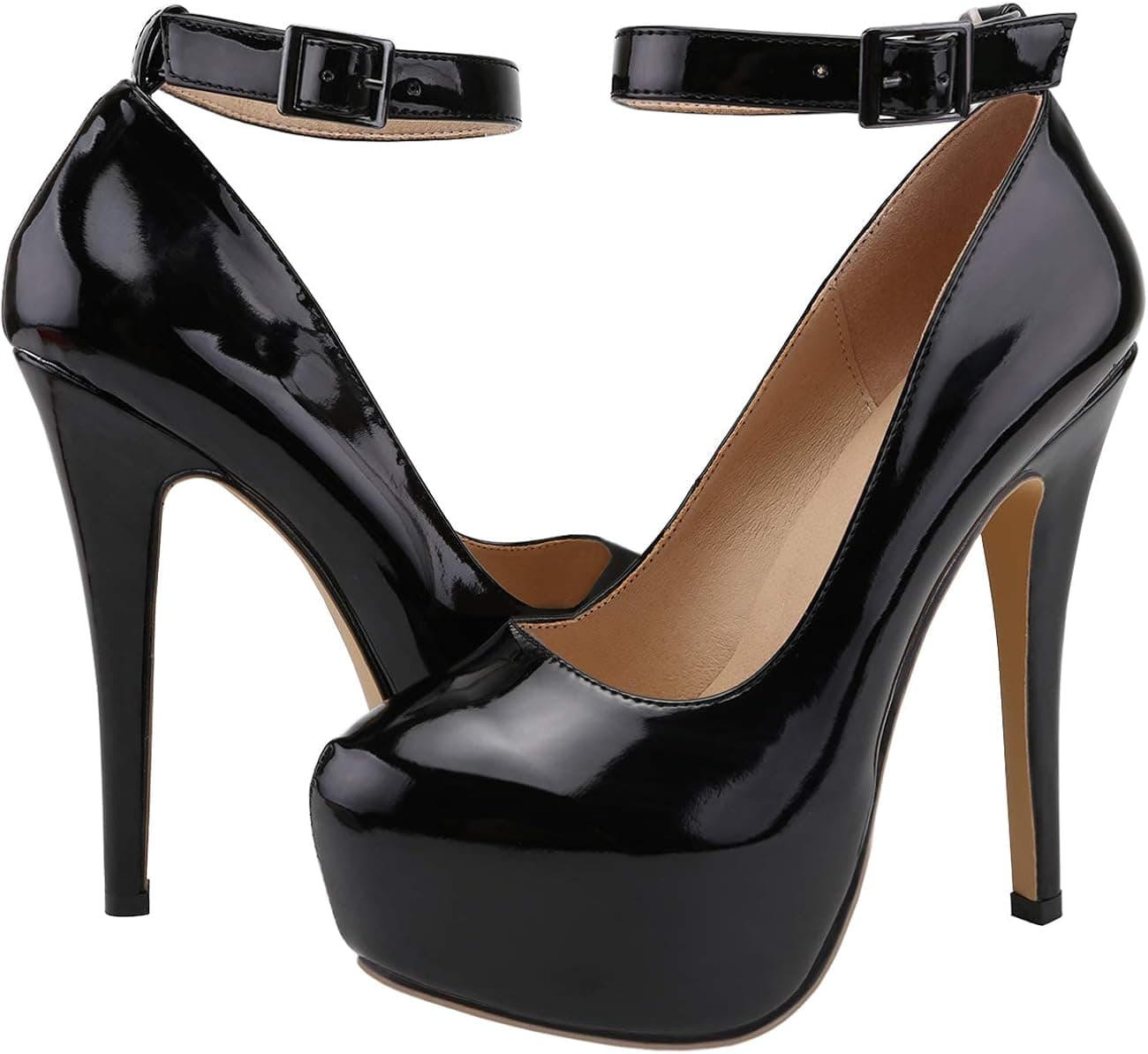 SHOESFEILD Platform Heels for Women, Classic Round Toe High Heel with Ankle Strap Slip On Dress Pumps, Black, 7-7.5