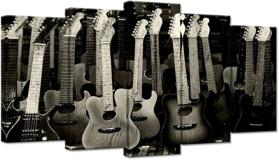 Large 5 Pieces Music Canvas Wall Art Vintage Guitars On Black Background Songwriters Love Picture Print On Canvas Stretched for Living Room Ready to Hang