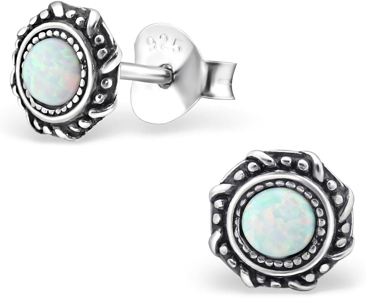 Small Round Blue Synthetic Opal Silver Earrings Vintage Antique Style Stering Silver 925 Post Studs (E23674)