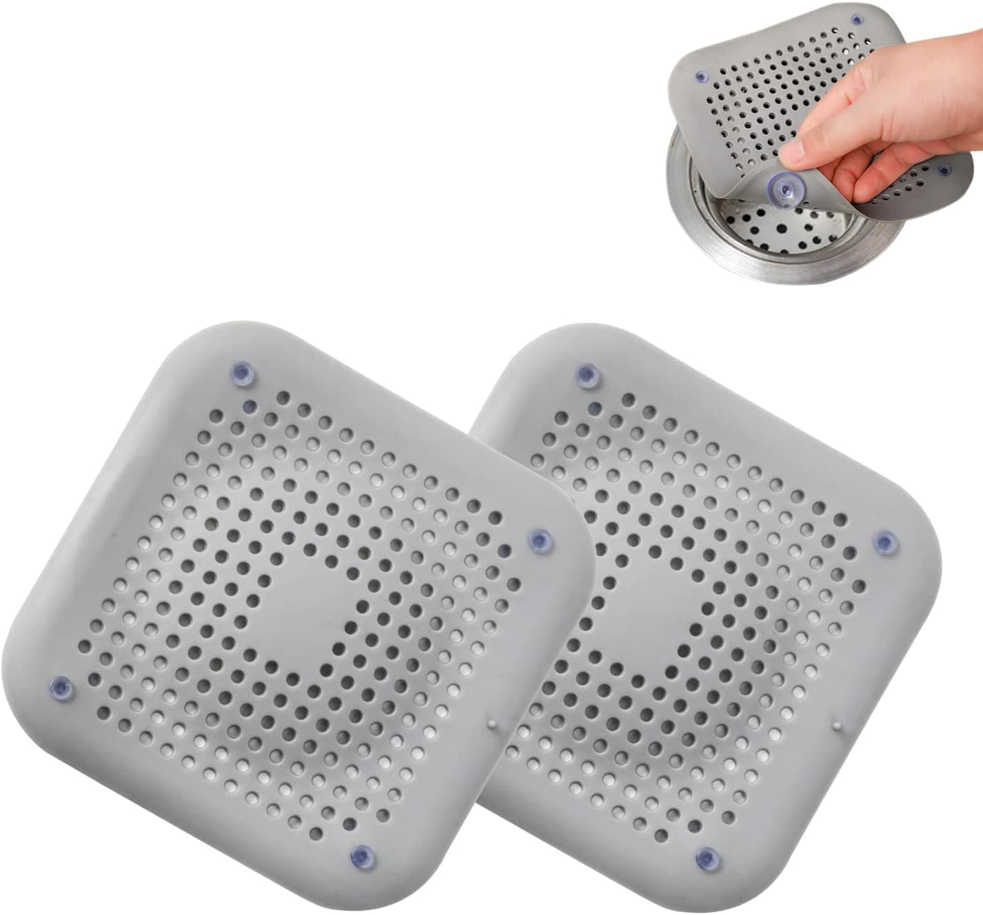 OFCTACK Hair Catcher Drain 2 Pack Strainer Silicone Shower Sink Cover with Suction Cup Kitchen Bathroom Universal Anti Clogging Protector Bathtub Hair Stopper, Grey