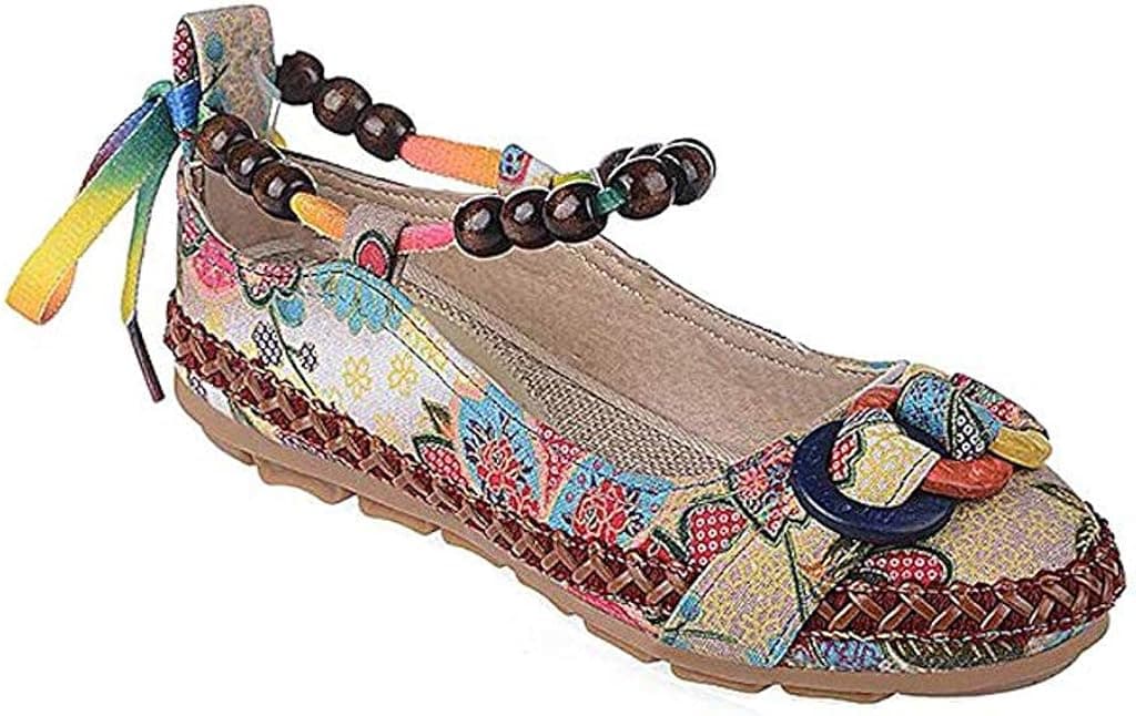 BININBOX Women's Beading Round Toe Embroidered Shoes Lace Up Colorful Casual Flats Shoes (8 B(M) US) Beige