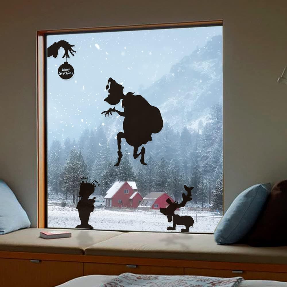Christmas Window Cling Grinch Decorations Funny Stickers Christmas Movie Cute Xmas Decals Decor Vinyl Elk Wall Art
