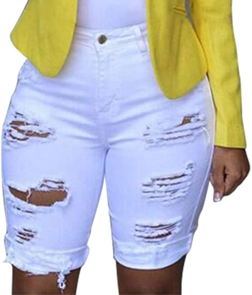 Wirziis Shorts for Women, High Rise Blue Stretchy Bermuda Denim Shorts with Ripped Pockets Knee Length
