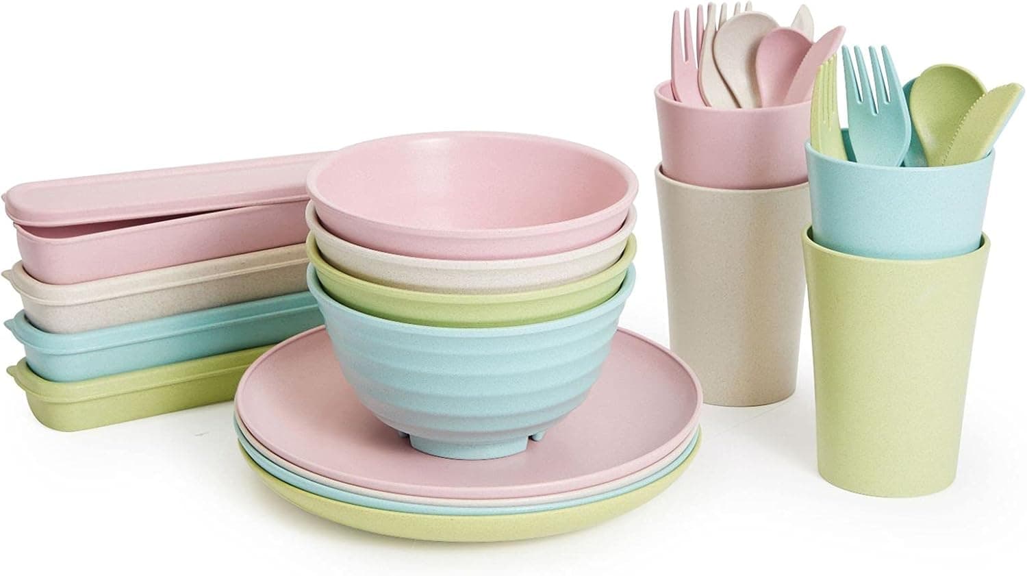 Wheat Straw Dinnerware Set for 4, Cups, Plates, Bowls, Cutlery, Utensil Holders (28 Piece Set)